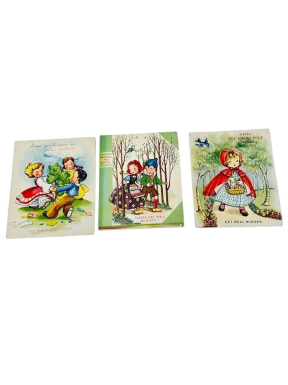 Vintage 40s Get Well Storybook Greeting‎ Cards Mulberry Red Riding Hansel Gretel
